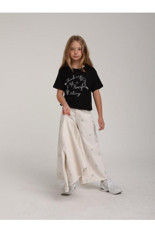 Escabel Kız Çocuk Pamuklu Yuvarlak Yaka Yarım Kol Simli T-shirt-15662 Siyah