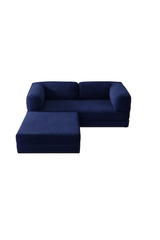 Herev 200x200 Cm 50 Dns Modüler Köşe Koltuk Fitilli Kadife Kumaş, Yatak Olabilen, Modern Tasarım Şark Köşe Lacivert