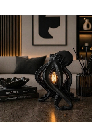 3dlab Luxury Ahtapot Masa Lambası Dekoratif Tasarım Abajur Rustik Ampullü Premium Ev Dekoru Siyah