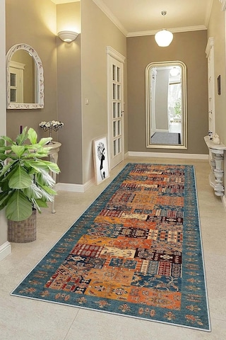 Pelangi Kırkyama Patchwork Kilim Desenli Etnik Dijital Baskı Yıkanabilir Modern Salon Halı Ve Yolluk, Kahverengi - M Çok Renkli