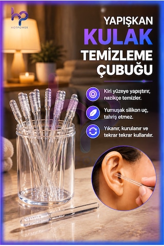 Hot Power Yapışkan Silikon Uçlu Yıkanabilir Kulak Temizleme Çubuğu 24'lü