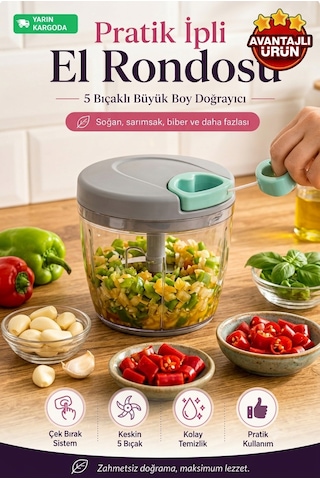5 Bıçaklı Pratik İpli El Rondosu - Büyük Boy Soğan Biber Doğrayıcı Şeffaf