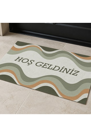Kartela Halı Hoş Geldiniz Yazılı Retro Dalga Kapı Paspası Adaçayı Yeşili 40x60 Cm