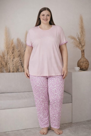 Pemilo Kadın 2005-8 Büyük Beden Kısa Kol Likralı Pijama Takımı Pudra