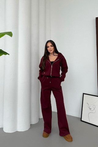 Mezka Kadın Çift Fermuar Detaylı Kapüşonlu Kışlık Şardonlu Oversize Eşofman Takımı Bordo