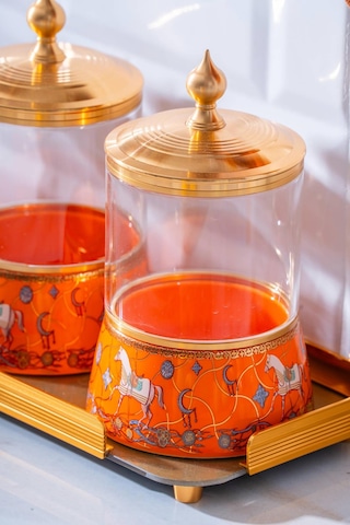 Passifolia 4 Parça Tepsili Cam Baharat Kavanoz Seti Turuncu