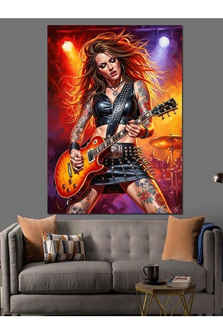 Ahşap Tablo Kırmızı Saçlı Gitarist Kadın