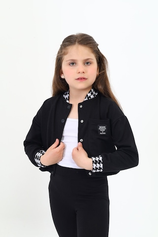 Toontoy Kız Çocuk Kolej Yaka Çıtçıt Kapama Baskılı Renk Bloklu Örme Hırka - 2 İplik Şardonlu Siyah