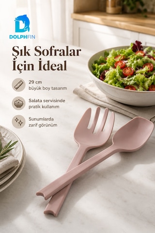 Salata Kaşık Çatal Seti 2 Li Büyük Boy 29 Cm Pudra Pembe Plastik Servis Kaşığı Ve Çatalı