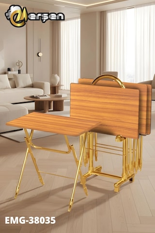 Eranş Serisi 4'lü Katlanır Mdf Mebran Ahşap Çanta Zigon Sehpa Gold Ayak Atlantik Çam Desen Gold Ayak