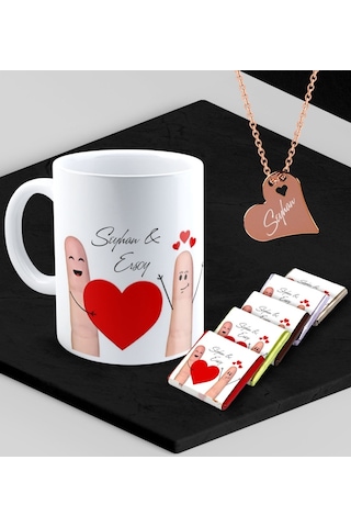 Kişiye Özel Sevgililer Temalı Kupa Madlen Çikolata Ve Rose Kalp Kolye Set - 88