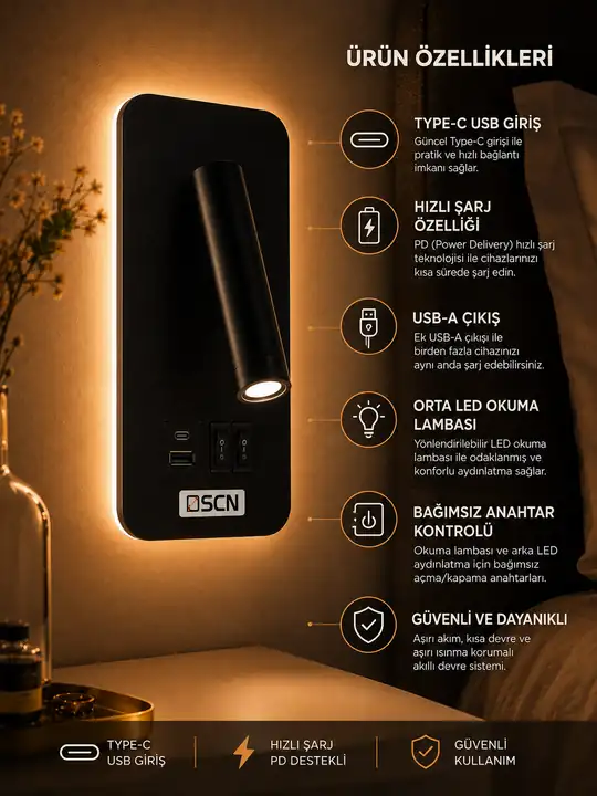 Yatak Başı Aplik Type-c Usb Hızlı Şarjlı Gün Işığı