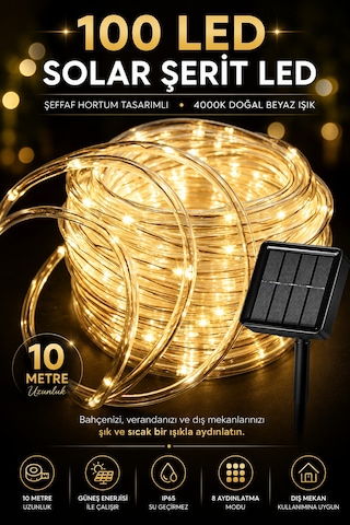 100 Led Solar Şerit Led Aydınlatma 10 Metre Şeffaf Hortum Tasarımlı, Gün Işığı, Ip65 Su Geçirmez Dış Mekan Dekoratif Aydınlatma