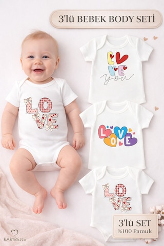 Babyden's 3 Lü Bebek Body Seti %100 Pamuk Sevimli Ayıcık Baskılı Kısa Kollu Çıtçıtlı Zıbın Unisex Beyaz