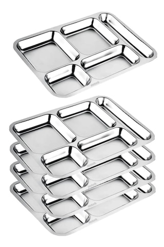 Paslanmaz Çelik 5 Bölmeli Metal Tabldot Tabağı 28x40cm 50 Adet 50 Kişilik Self Servis Tabldot gri