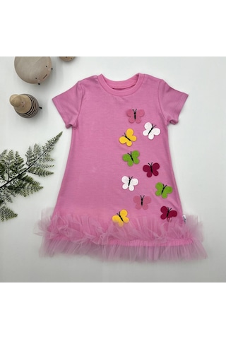 Peruflic 1-2-3 Yaş Renkli Kelebekler Nakışlı Eteği Fırfırlı Jile Çocuk Elbisesi Pembe