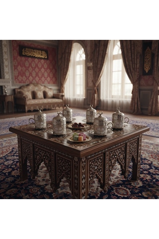 Yonca Desenli 6 Kişilik Porselenli Kapaklı 24 Parça Gümüş Renk Fincan Seti Gümüş