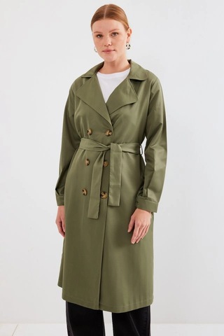 Defymoda 5853 Kruvaze Yaka Trençkot - Haki Haki