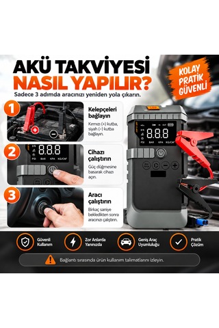 19800 Mah 12v Akü Takviye Cihazı Jump Starter Hava Kompresörlü