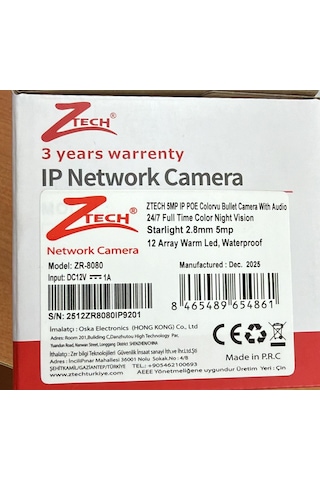 Ztech Zr-8080 5mp 2.8mm 12led Fullcolor + Mikrofon Bullet Dış Mekan Ip Kamera