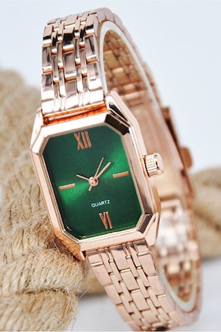 Vintage Roma Rakam Kadın Kol Saati Rose Renk Kordon Yeşil Kadran Şık Sade Rose Gold