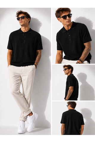Ribana Erkek Kısa Kollu Fitilli Yarım Düğme Kapama Polo Yaka T-shirt 26001 Siyah