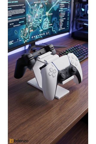 Premium 2 Li Gamepad Standı - Çiftli Oyun Konsolu Kol Tutucu Masaüstü Organizer - Beyaz