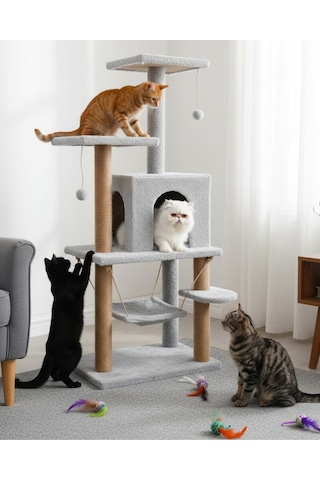 Reyo Pet Y01 Salıncaklı Yuvalı Lüx Kedi Tırmalama Oyun Evi Gri