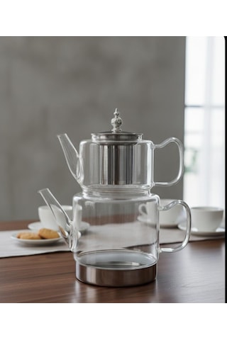 İndüksiyon Tabanlı Borosilikat Cam Çaydanlık Takımı 500 Ml Demlik 1800 Ml Suluk Şeffaf