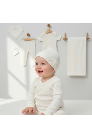Milays 0-3 Ay Bebeklere %100 Pamuk Çıtçıtlı Body Li Havlulu 7 Parçalı Zıbın Takımı ekru
