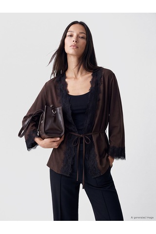 Lcw Studıo Kahverengi Dantel Detaylı Modal Karışımlı Kadın Kimono