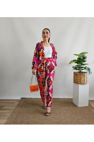 İpli Fuşya Renk Etnik Desenli Viskon Kumaş Kimono Takım Fuşya