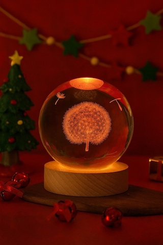 3d Karahindiba Temalı Kristal Küre Gün Işığı Led Gece Lambası Usb'li Ahşap Standlı Led Lamba