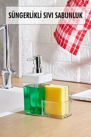Beyaz Renkli Sıvı Sabunluk Süngerlik Hazneli 450 Ml