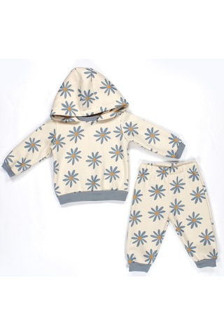 Papatya Desenli Kapşonlu Bebek Alt Üst Takım Açık Mavi