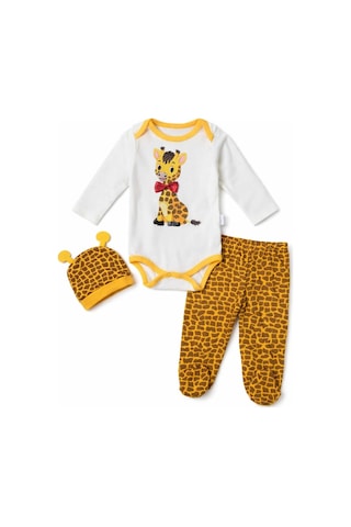Zürafa Desenli Erkek Bebek 3 Lü Takım Uzun Kollu Çıtçıtlı Body, Patikli Pantolon Ve Şapka Set Beyaz