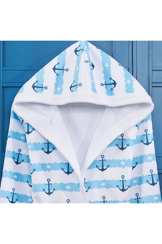 Çapa Desen Dijital Baskılı Genç Çocuk Bornozu Mavi - Beyaz