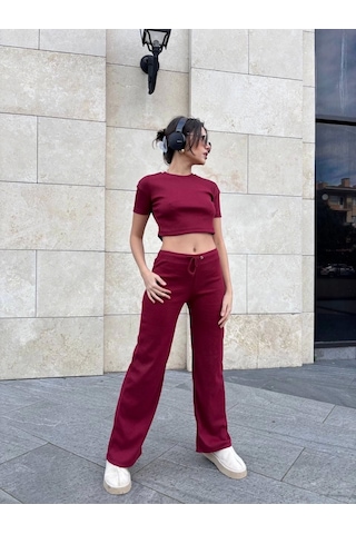 Kazax Bol Paça Pantolonlu Alt Üst Takım Bordo