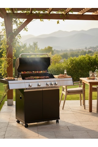 Gazlı Barbekü Mangal 4+1 Brülörlü Döküm Izgaralı 136x54x115 Cm Çelik