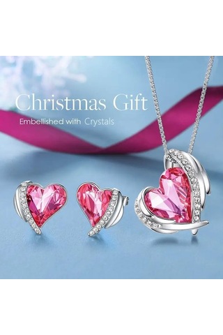 Trend Renkli Taşlı, Zirkon Taş İşlemeli Kalp Takı Seti Kolye Küpe , Yeni Yıl, Fuşya
