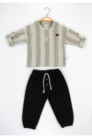 Babyhola Bayramlık Erkek Bebek İkili Takım Katlanabilir Kollu Müslin Üst Ve Pantolon Set 2218 Füme