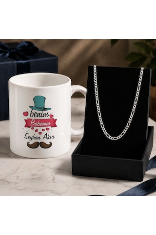 Bk Gift Kişiye Özel Babalar Günü Tasarımlı Beyaz Kupa & Figaro Zincir Kolye -13, Babalar Günü Hediyesi Gümüş