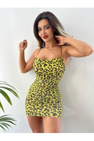 Pink Life Sarı Leopar Simli Kumaş Sırt Dekolte Detaylı Mini