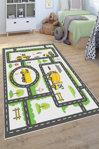 İnşaat Araçları Yol Desenli Yıkanabilir Kaymaz Taban Çocuk Oyun Halısı Çok Renkli