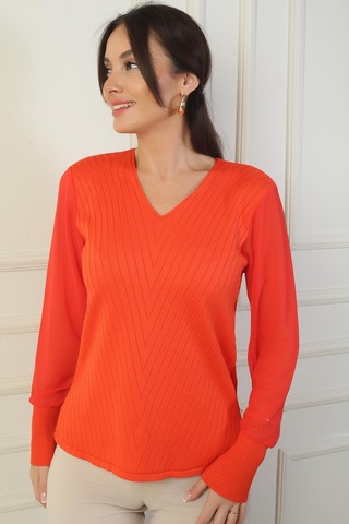 By Saygı Kadın Kolları Şifon V Yaka Kazak-39643 Mercan