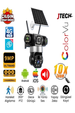 O-kam 6060 3+3+3 9mp 4g Sim Kartlı Solar Panelli 3 Lens 1 Ptz Akıllı Kamera