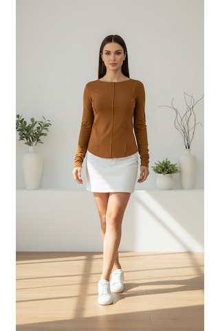 Divinus Kadın Slim Fit Pamuklu Uzun Kollu Bodysuit Taba