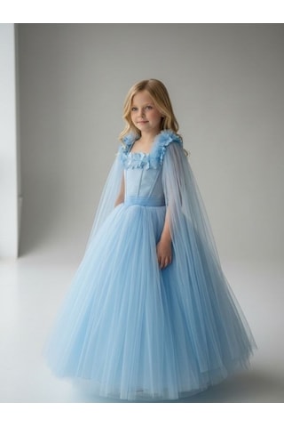 Zekids Kız Çocuk Kol Detaylı Prenses Model Abiye Elbise-17245 Mavi