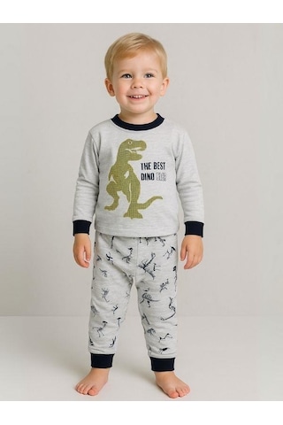 Zekids Erkek Çocuk Dinozor Baskılı Uzun Kollu Pijama Takımı-16047 Grı
