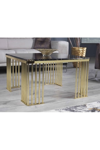 Premium Lüx Yaşam Alanı Kare Orta Sehba 80 80 48 Siyah Altın İşleme Gold Ayak